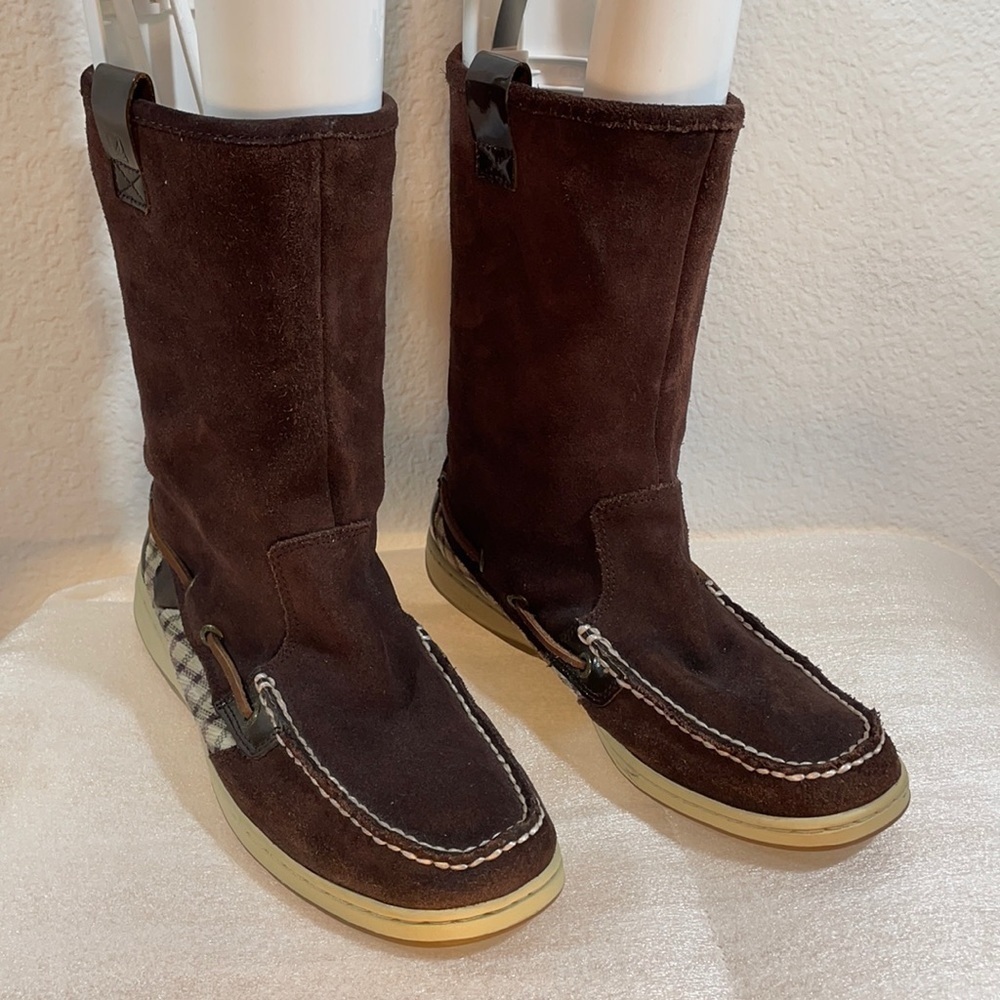Sperry Top-Sider Womens Sandfish Boots Brown Moc Toe Suede Boat Shoes Plaid 8 M